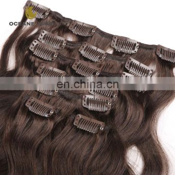 Factory price fashional virgin dark brown bohemian remy clip in human hair extension