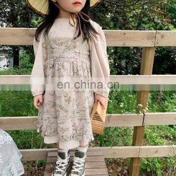 2020 Korea Style Baby Girls 2PCS Set Cotton Linen Dress+Vest Floral Dress Autumn Cotton Babys Suits