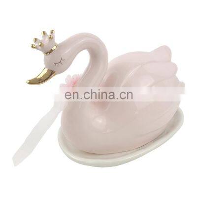 white pink swan shaped unique covered decorative bird ceramic butter dish tray with lid