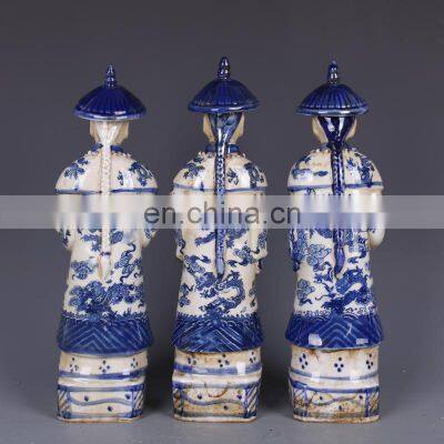 Vintage Antique Style Set of 3 Blue and White Emperors Ceramic Figurines Sculptures photo-3