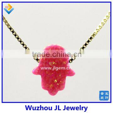 High Quality Synthetic Pink Opal Hamsa/Hand Opal 18K Gold Plated 925 Sterling Silver Box Chain Necklace Made in China