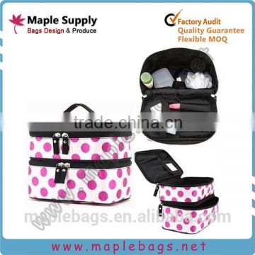 Two-layers Cosmetic Bag with Handle Pink dot and Lipstick Slot