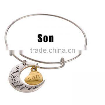 Wholesale Adjustable Wire Bangle , I Love You To The Moon And Back Son Charm Bangle Bracelet
