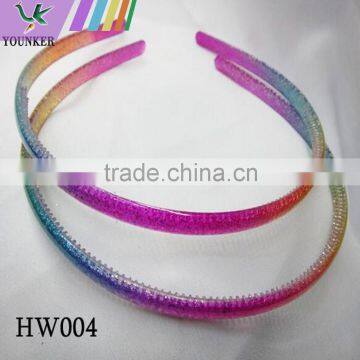 0.8mm wide rainbow color with glitter inside plastic hairband with teeth