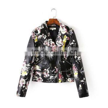 wholesale clothing floral print PU motor jacket