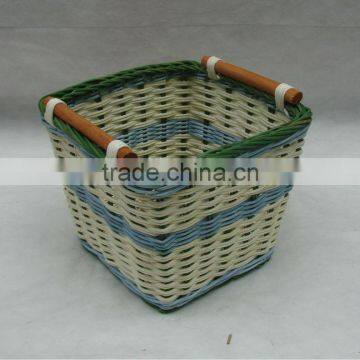 Square Tapered Rattan Basket With Color Top Rim, Handles.