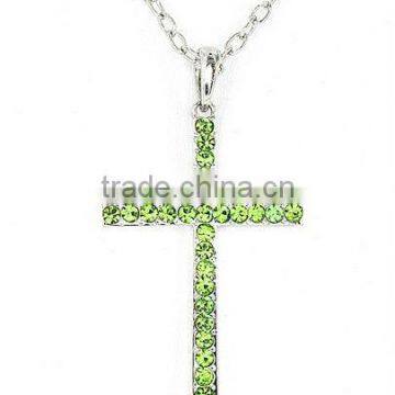 Fashion Silvertone Green Crystal Cross Pendant Necklace Vners