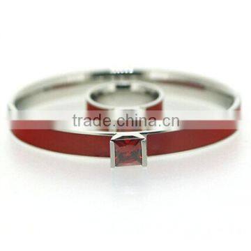 New arrival red color stainless steel bangle and ring set square shaped crystal fashion jewelry set for ladies LS6222