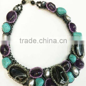 Blue Agate and Turquoise Mixed Gemstones, Crystal, Beads Stone Necklace : De2