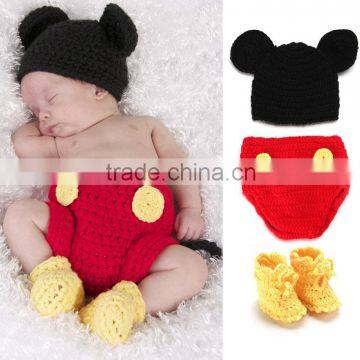 Winter Warm Cheap Newborn Baby Crochet Cute Animal Mickey Hat /Hand Knitted Shorts/Shoes Clothing Sets