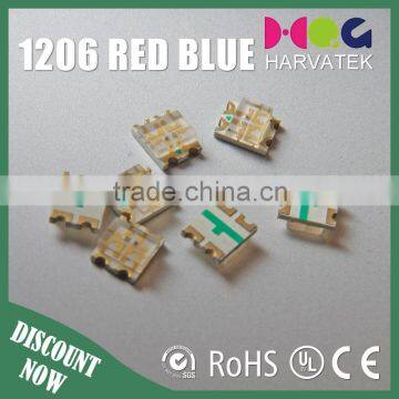 Best price 3.0x1.0 x2.1mm sanan chip 25mA 1206 red blue bi-color smd led