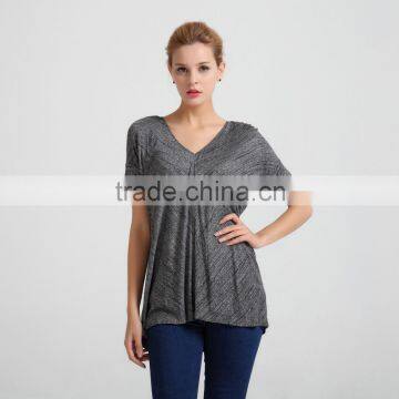 Women's Zipped V Neck Knit Slub Jersey Top With Cuff Sleeves