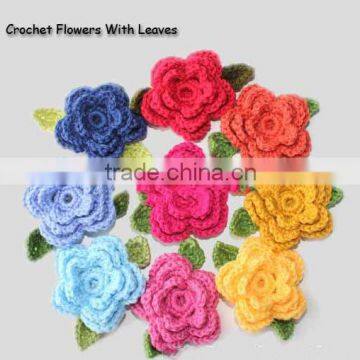 2016 custom nice handmade crochet cotton flower applique with leaves for decoration