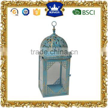 Blue with golden brush moroccan metal candle lantern