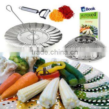 Vegetable Steamer Basket Large - 100% Premium Stainless Steel - Bonus 2 in 1 Julienne Veg Peeler, Use as Fruit Bowl