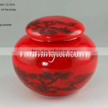 Chinese Landscape painting red glazed tea/coffee canister