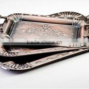 3PCS Metal Handle Bronze Color Stalinless Steel Serving Tray