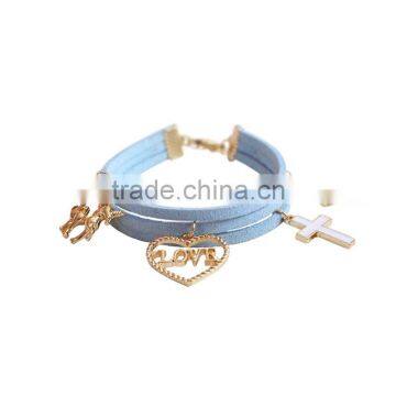 Gold Love Heart Cross Horse Feather Charms Sude Leather Bracelet Multi Layer Velvet Leather Bracelet