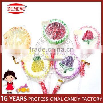 OEM Printing Sliced Assorted Fruits Flat Handmade Lollipop Hard Candy