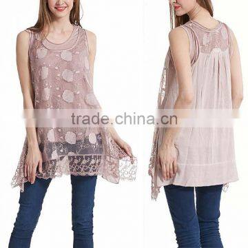 Pink Sheer Floral Lace Layered Sleeveless Tunic shirts office wear for women