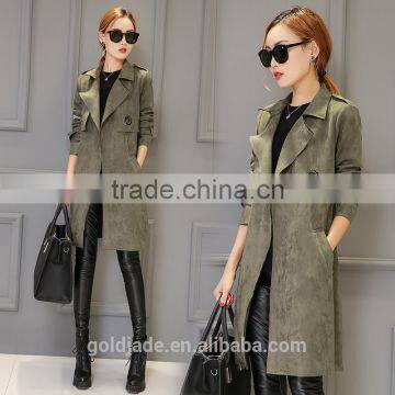 2016 Winter Trench Coat Lapel Long Sleeve Ladies Tie Waist Casual Long Outerwear Coats for Wholesale photo-2