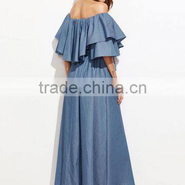 Ladies Ruffled Neck Off The Shoulder Short Sleeve Blue Color Tie Waist Long Maxi Denim Dress photo-5