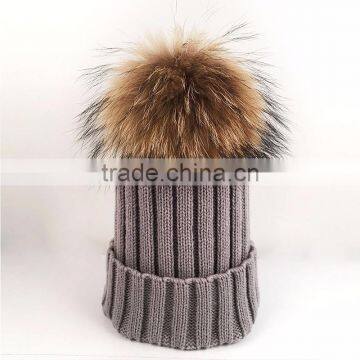 Myfur 2016 Real Raccoon Fur Bobble Knit Hat for Women Beanie