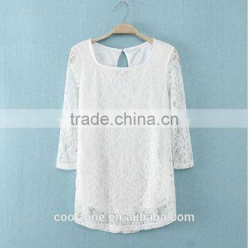 Elegant White Basic Woman Blouse Fashion Sheer Crochet Lace Blouse 2015
