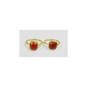 Red Onyx Bezel Setting 8*8mm Cushion Gold Plated Silver Ring