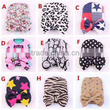 Bohemian Style Printing Beanie with Big Bow Infant Girls and Boys Newborn Unise Hospital Cotton Hat