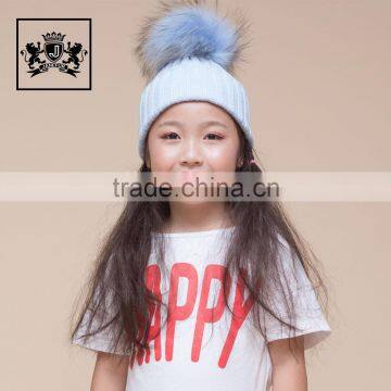 New Fashion Wholesale Kids Funny With Big Genuine Raccoon Fur Ball Winter Knit Hat Baby Crochet