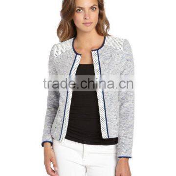 Sexy Womens Leather Trim Cotton Tweed Jacket photo-2