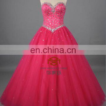 Real Model Glamorous Floor Length Sequined Beaded Fushia Puffy Gown Prom Dress Sweetheart Fushia Quinceanera Dresses HMY-D146