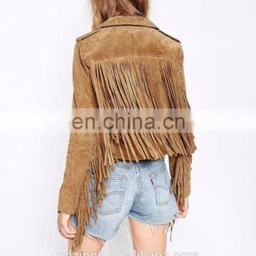 Asymmetric Zip Front With Fringing in Suede Biker Women Jacket photo-3