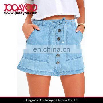 Light Wash Chambray Drawstring Waist Antiqued Silver Button Placket Skirt