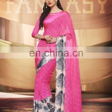 Pink Colored Georgette Satin Printed Saree.