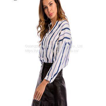 No Collar Long Sleeve Striped Shirt Blouse