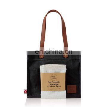 Durable Waxed Canvas Grocery Bag, Waxed Canvas Tote Bag with Reusable Mesh Produce Bags