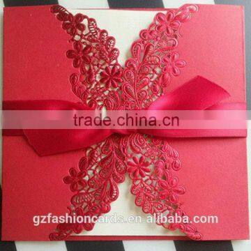 Folk Style Cheap Ribbon Decorated Laser Cut Wedding Invitation Card