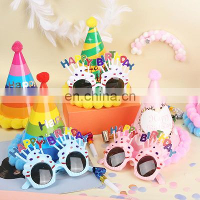 Color Block Birthday Hat Crown Funny Glasses Happy Birthday Party Supplies Kids Adult Paper Hat Glasses