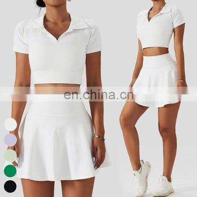 Wholesale Quick Dry Sports Clothing Tennis Dress Short T Shirt 2 Piece Suit Fitness Golf Wear Yoga Sets Women Tennis Skirt Set photo-3