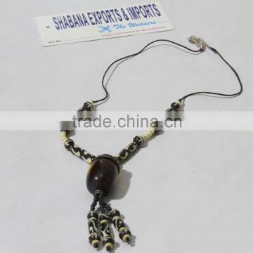 Handmade Bone Horn Charm Necklace Tribal Art Beaded Jewelry photo-5