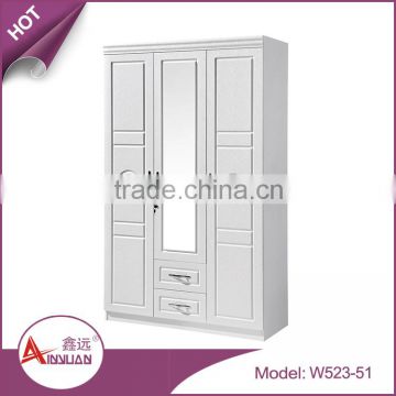 Bedroom furniture modern cheap wooden wardrobe cabinet white glass mirrored armoire with 2 drawers