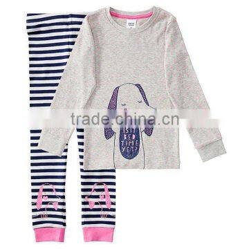 High Quality Cheap Kids Girls Long Sleeves Dog Printed Striped 100% Cotton Knit Jersey Sleep Pajama Set