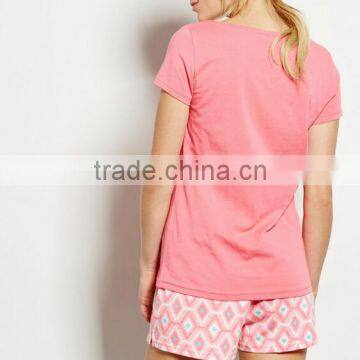 New Style OEM Summer Sexy Short Loose Fit Women 100% Cotton Knitted Red T-shirts and Printed Pink Shorts Pajama Set photo-2