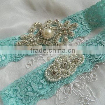 Aqua Blue Pearl Applique Wedding Garter Set