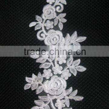 embroidered flower with cording/ROSE embroiderede appliques with sliver or white cord/textiles lace/embroidery designs/applique