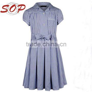 2016 Latest Middle School Uniform Designs Custom Made Wholesale Summer Plus Size Blue Plaid Checkered School Dress