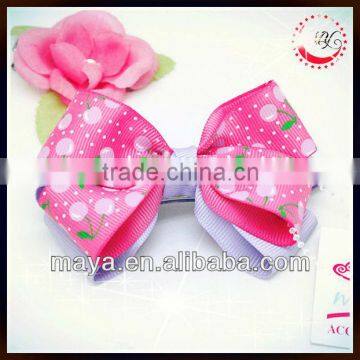 spring&summer cherry print pink and purple layered grosgrain ribbon hair bow girls clip