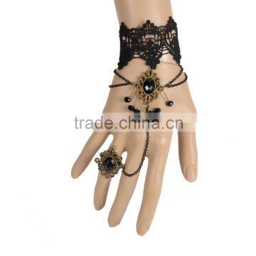 Retro Black Lace Bracelet Fashion Women Inlay Black Zircon with Alloy Chain Ring